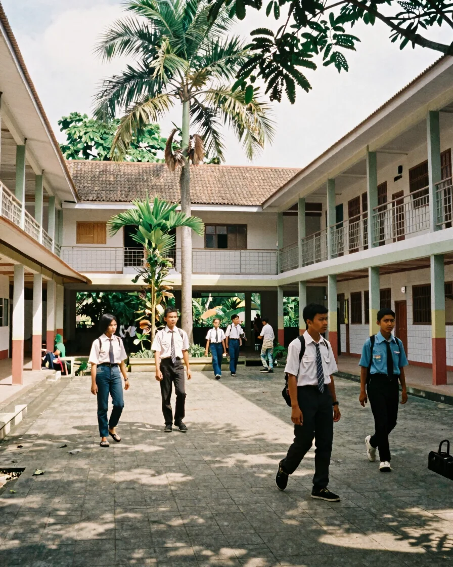 Editorial documentary photograph of a bright Indonesian school co
