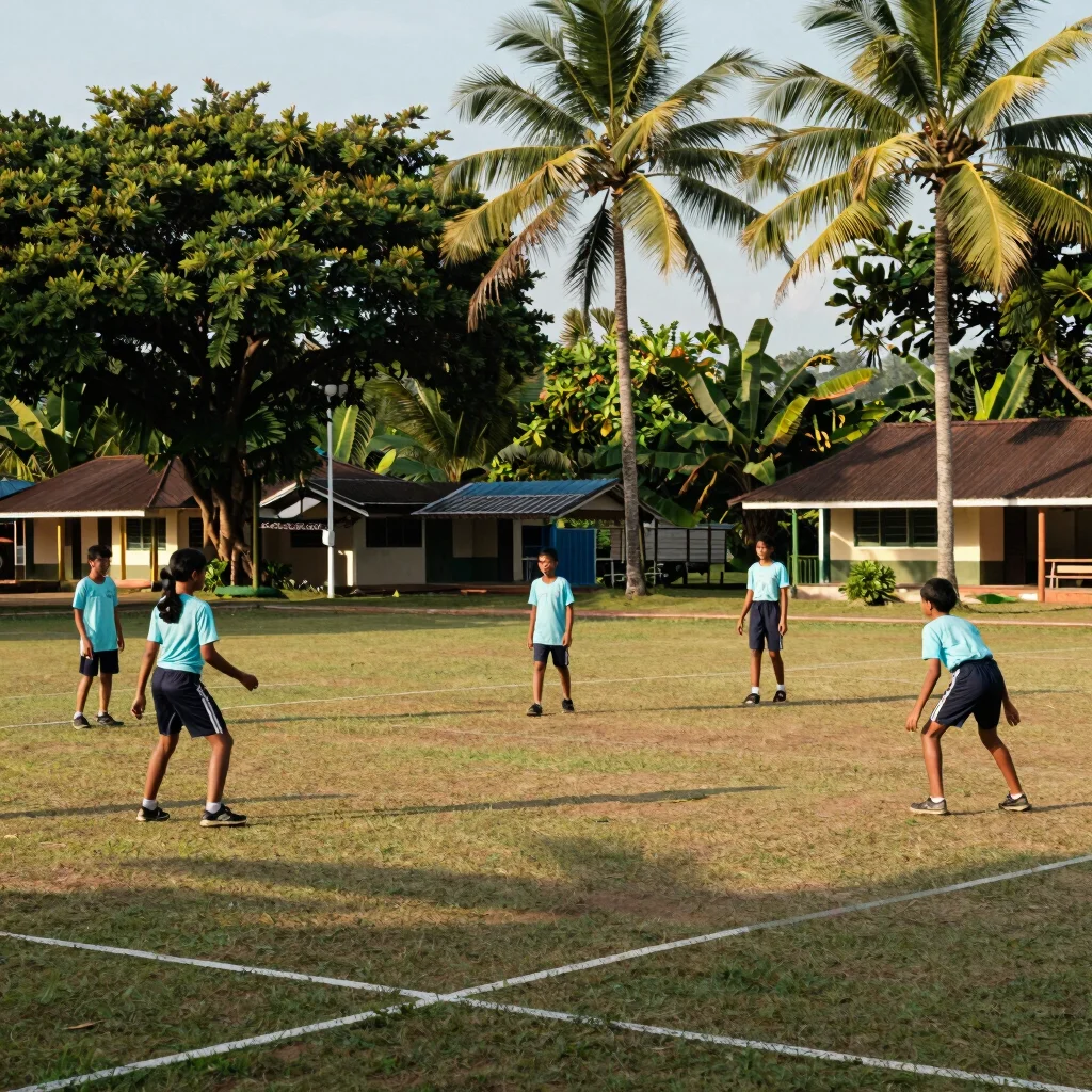 Siswa latihan olahraga di lapangan sekolah dengan pepohonan tropis, suasana sore cerah, gaya dokumenter