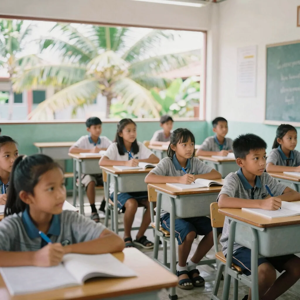 Siswa menampilkan karya seni di ruang kelas, cahaya siang lembut, candid, 35mm