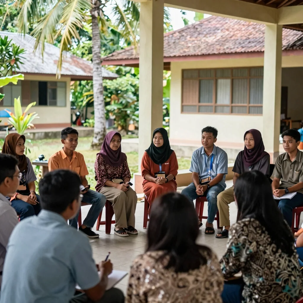 Siswa dan pembina berdiskusi kegiatan organisasi di serambi sekolah, cahaya alami, dokumenter