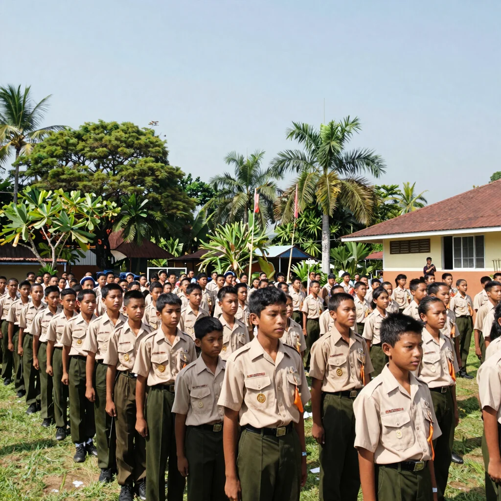Kegiatan kepanduan di area terbuka sekolah, siswa berbaris rapi, cahaya siang terang, candid