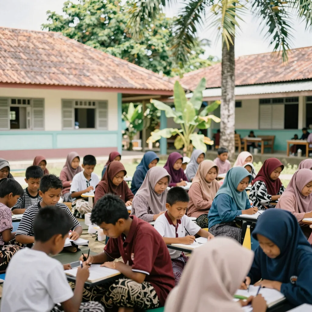 Siswa bekerja sama menyiapkan kegiatan di aula sekolah, suasana hangat, cahaya alami, dokumenter