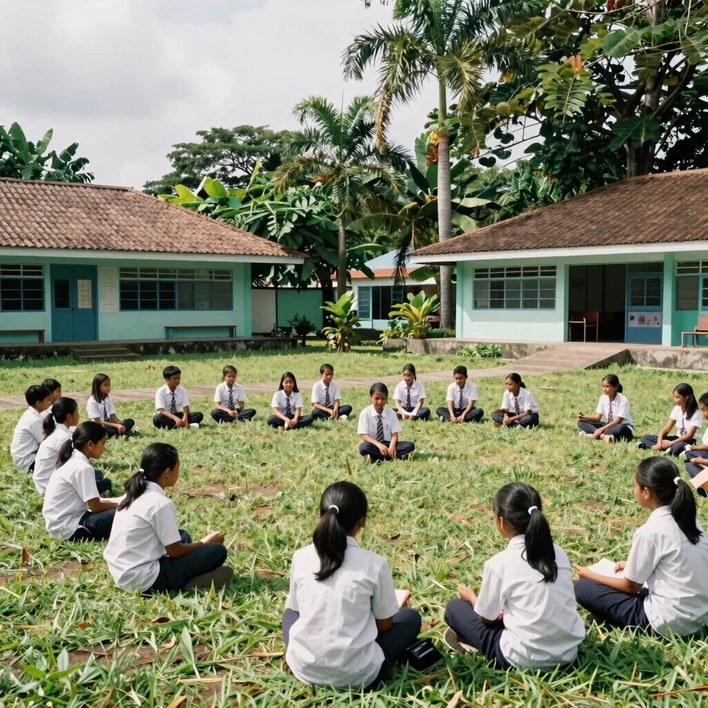 Siswa berkegiatan bersama di halaman sekolah pada siang hari, cahaya tropis alami, gaya dokumenter candid, 35mm